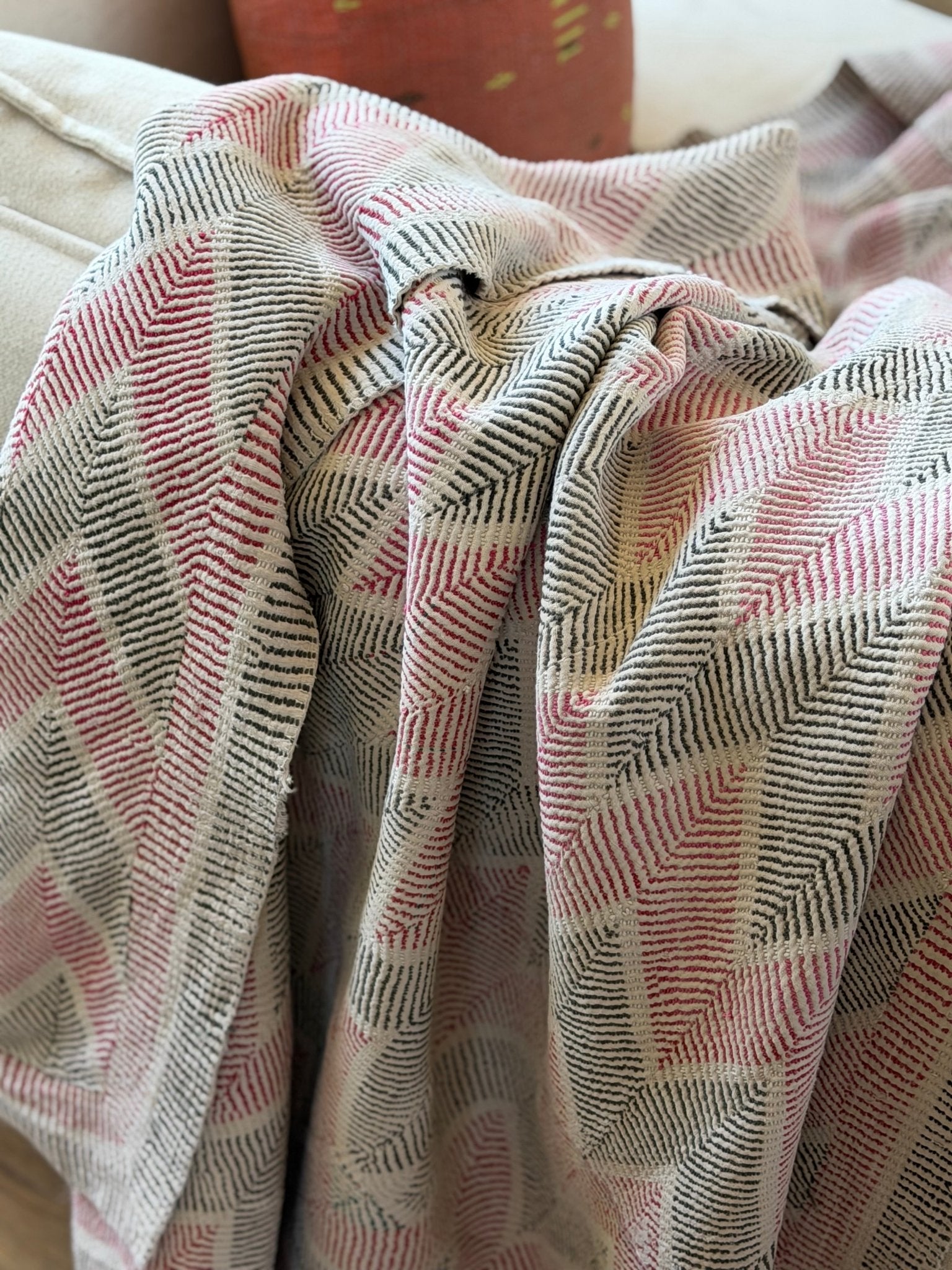 Heavy Vintage Lohori Kantha Quilt in Pink and Black Zig Zags - Biggs & Hill