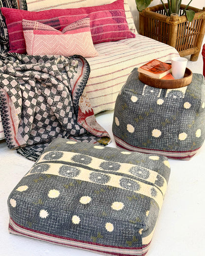Cube Kantha Pouf Cushion Cover With Blue and Purple Stripes