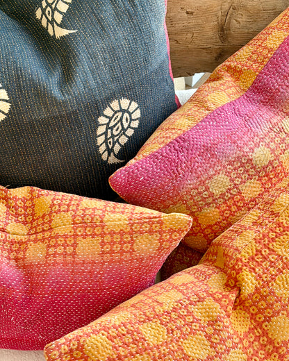 Vintage Kantha Cushion In Pink and Yellow - Small Rectangular