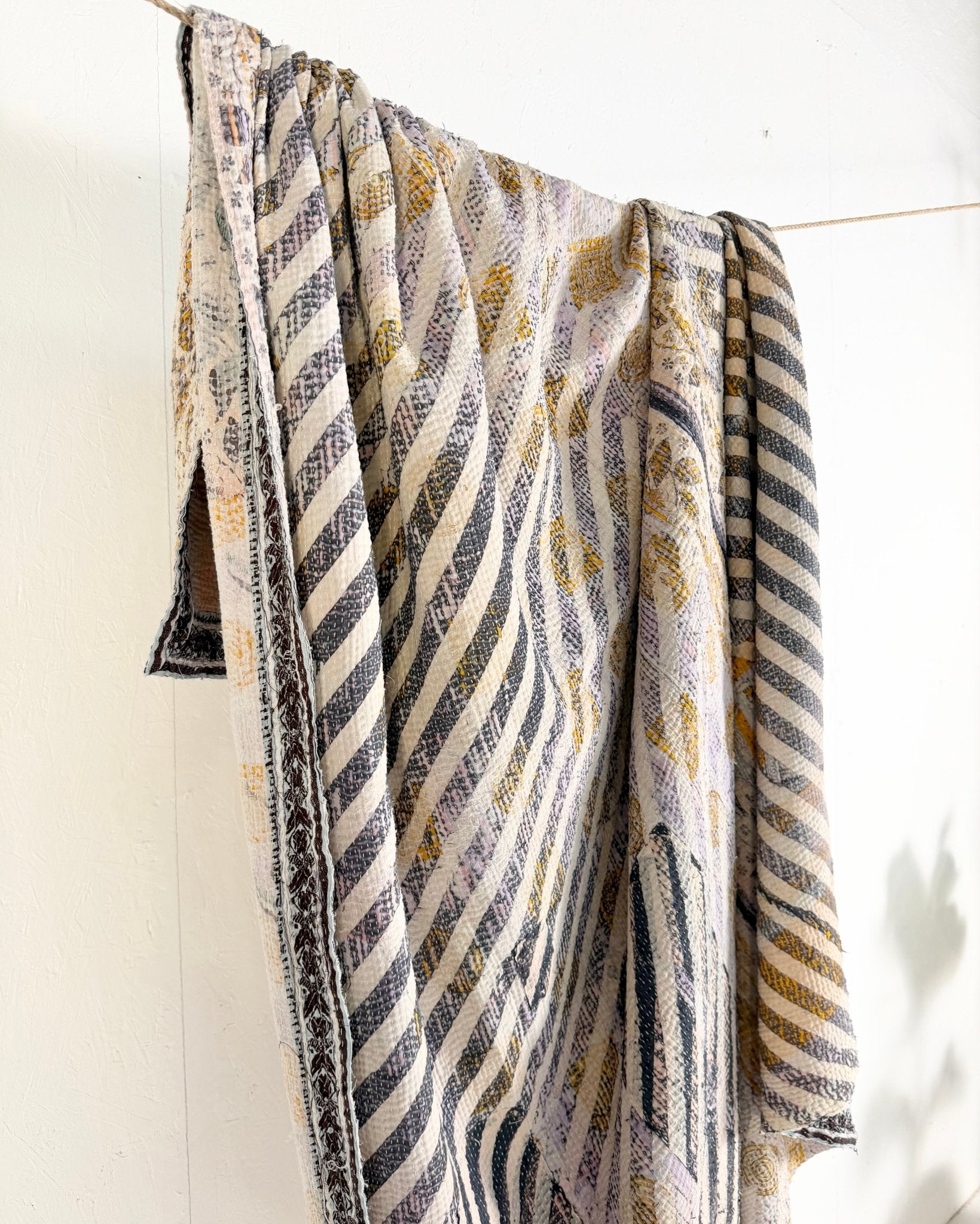 Textured Vintage Kantha Quilt in Pastel Floral with Grey Stripes - Biggs & Hill