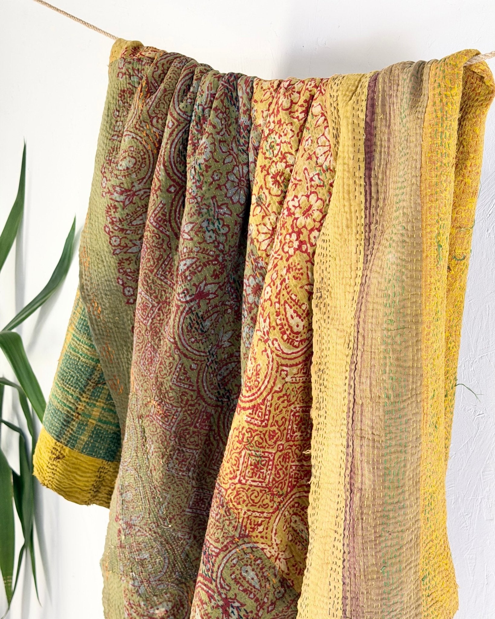 Ajrakh Printed Vintage Kantha Quilt In Green-Gold - Biggs & Hill