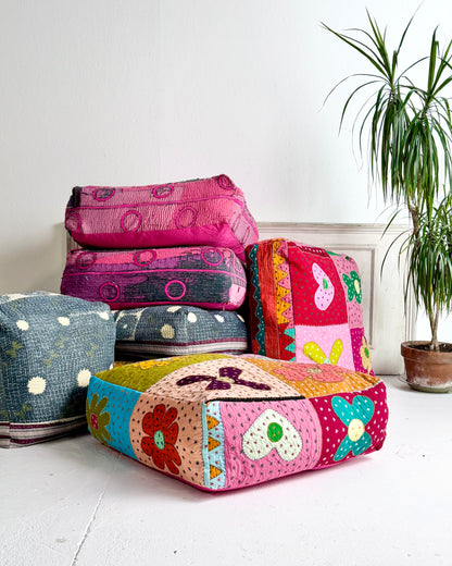 Large Square Kantha Floor Cushion Cover With Pink Circles