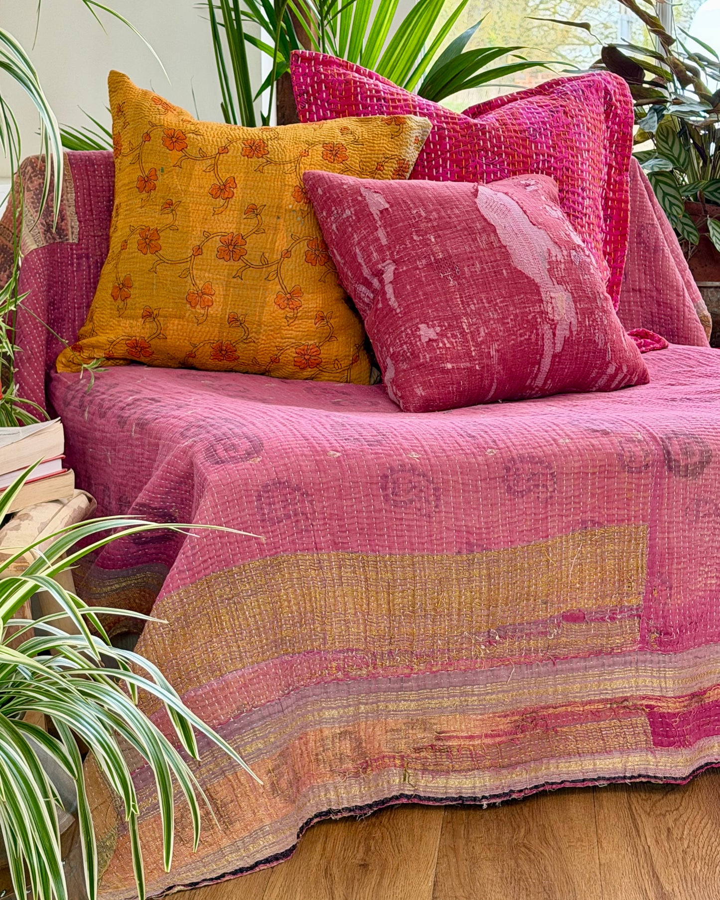 Extra Large Fine Stitched Vintage Kantha Quilt in Pink And Yellow