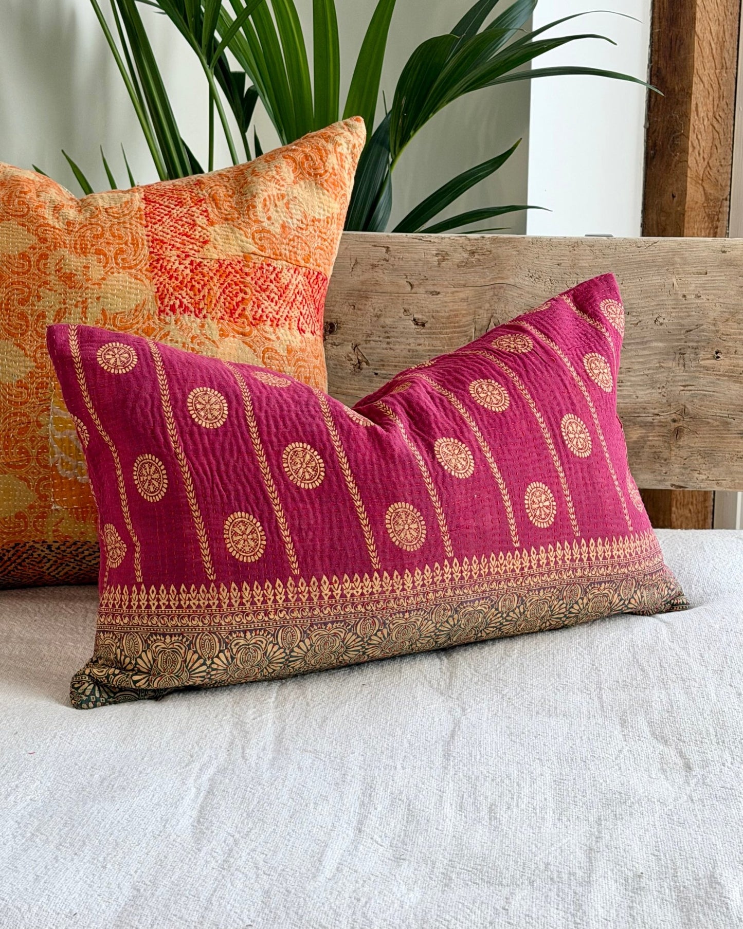 Vintage Kantha Cushion In Burgundy and Gold Dots - Small Rectangular - Biggs & Hill