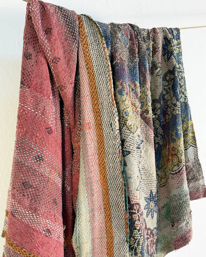 Large Textured Vintage Kantha Quilt In Pink Stripes and Moon Pattern - BED PICTURES - Biggs & Hill