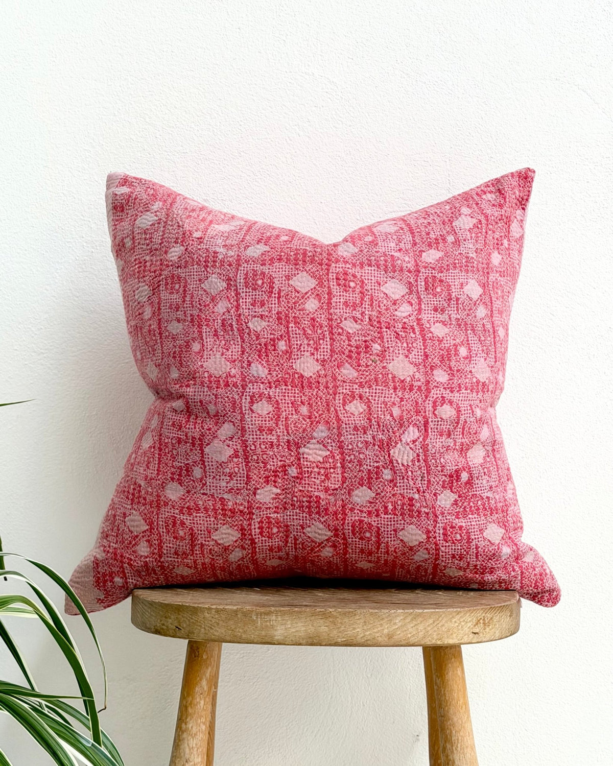 Handmade Vintage Kantha Cushion Cover In Pink- 45cm (18") Square - Biggs & Hill