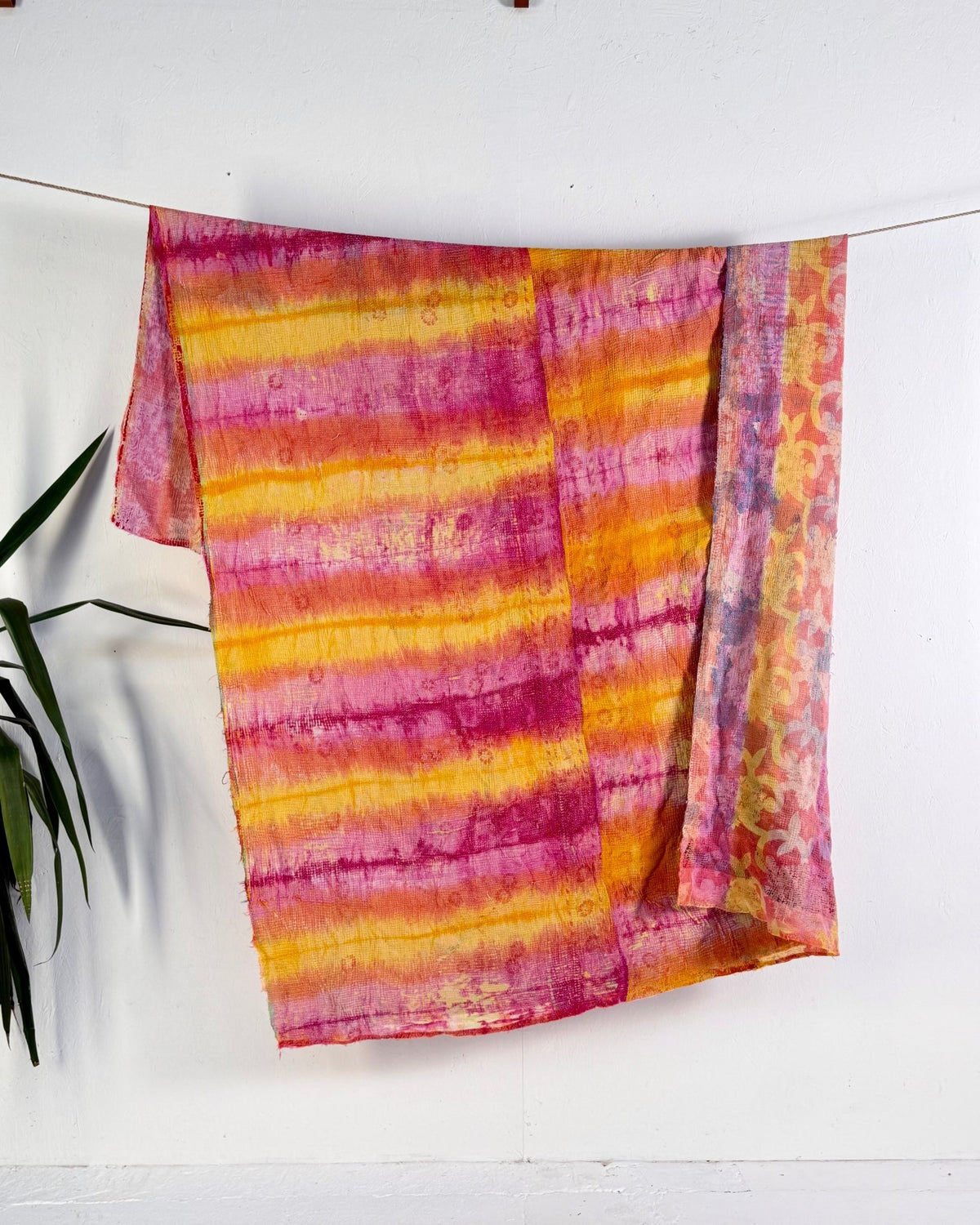 Large Fine Stitched Vintage Kantha Quilt in Pink and Yellow - [BED Pictures] - Biggs & Hill