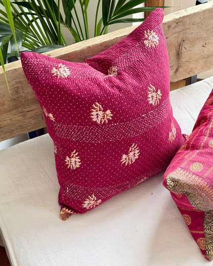 Vintage Kantha Cushion In Deep Pink - 45cm Square