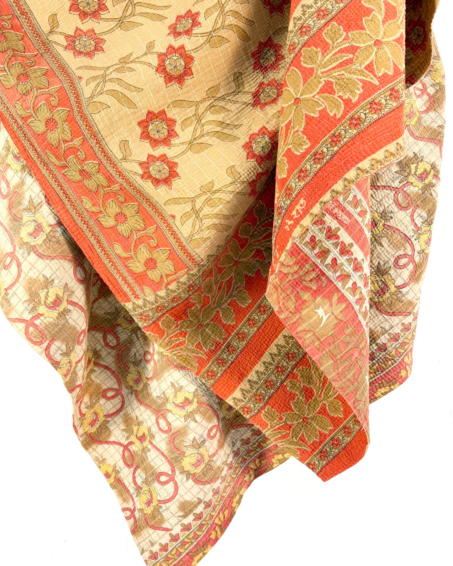 Large Fine Stitched Vintage Kantha Quilt in Orange and Beige