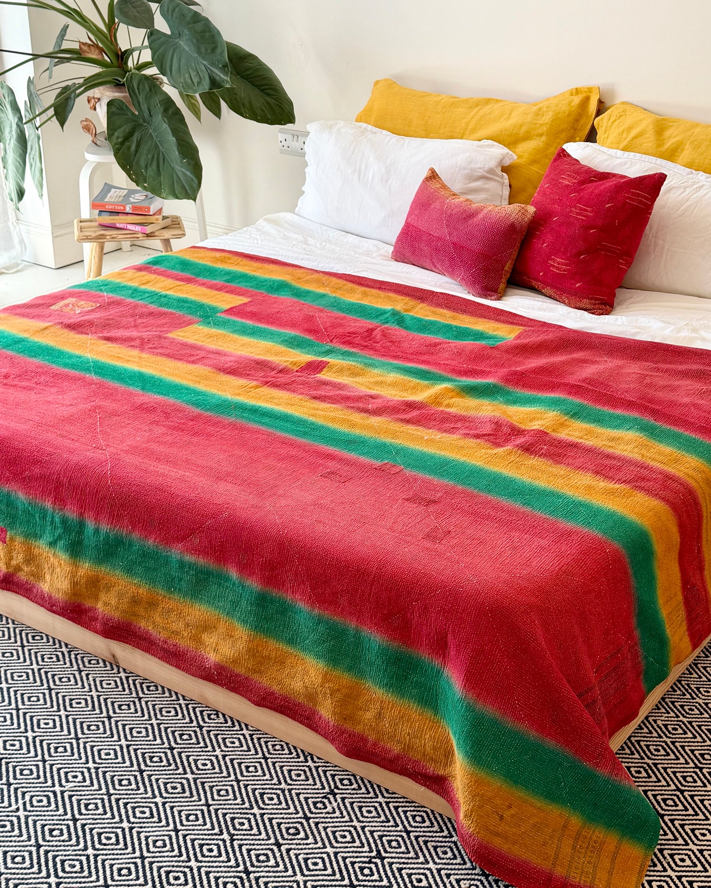Extra Large Fine Stitched Vintage Kantha Quilt in Beige, Red and Green