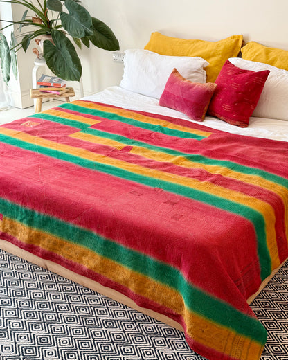 Extra Large Fine Stitched Vintage Kantha Quilt in Beige, Red and Green