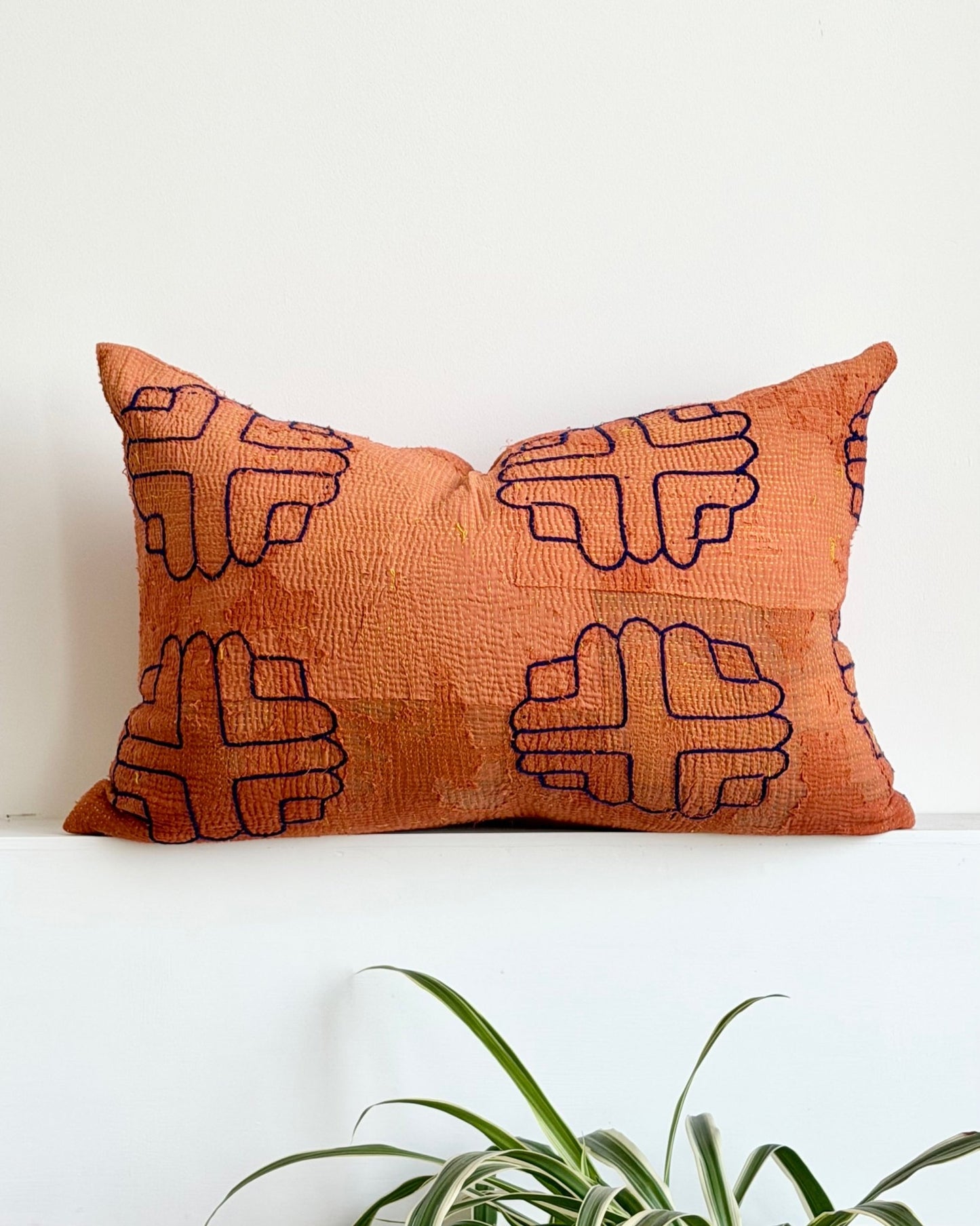 Vintage Kantha Cushion In Terracotta 02 - Large Rectangular - Biggs & Hill