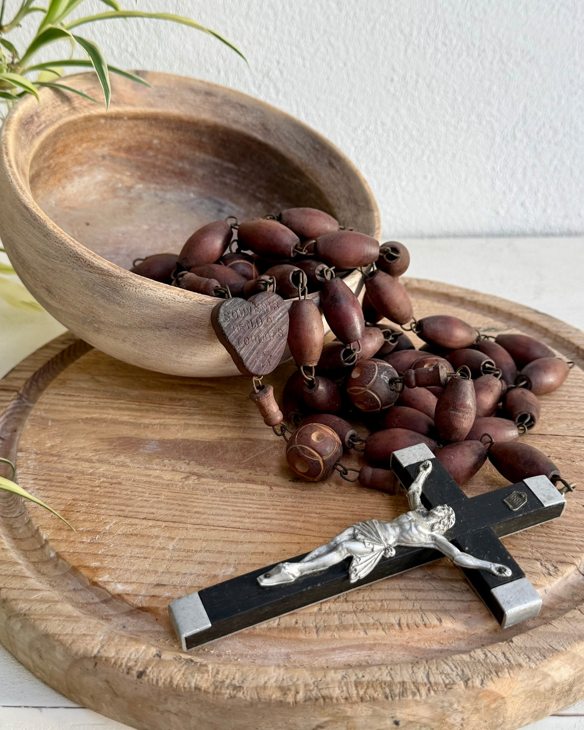 Vintage French Lourdes Rosary (Chapelet) – Wooden Pilgrimage Beads