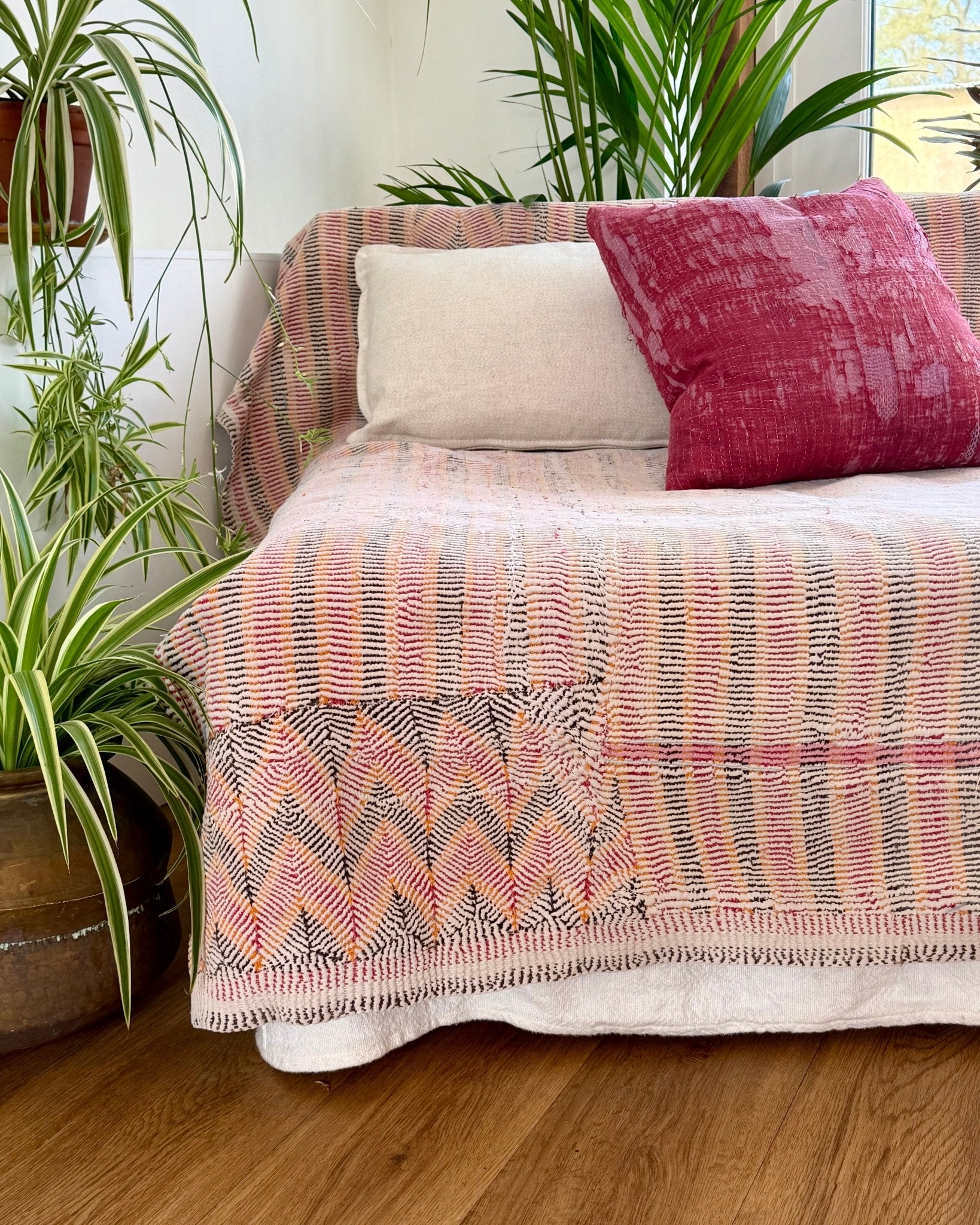 Small Heavy Vintage Lohori Kantha Quilt in Pink and Yellow Stripes - Biggs & Hill