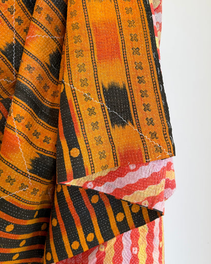Large Fine Stitched Vintage Kantha Quilt in Orange, Black and Pink - Biggs & Hill