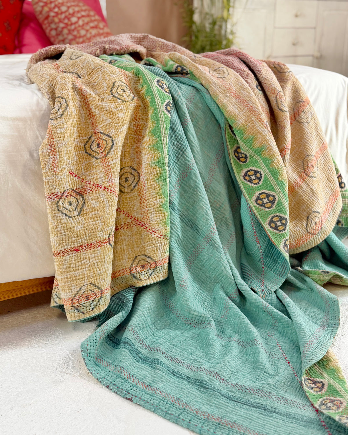 Large Embroidered Vintage Kantha Quilt in Pink, Green and Blue