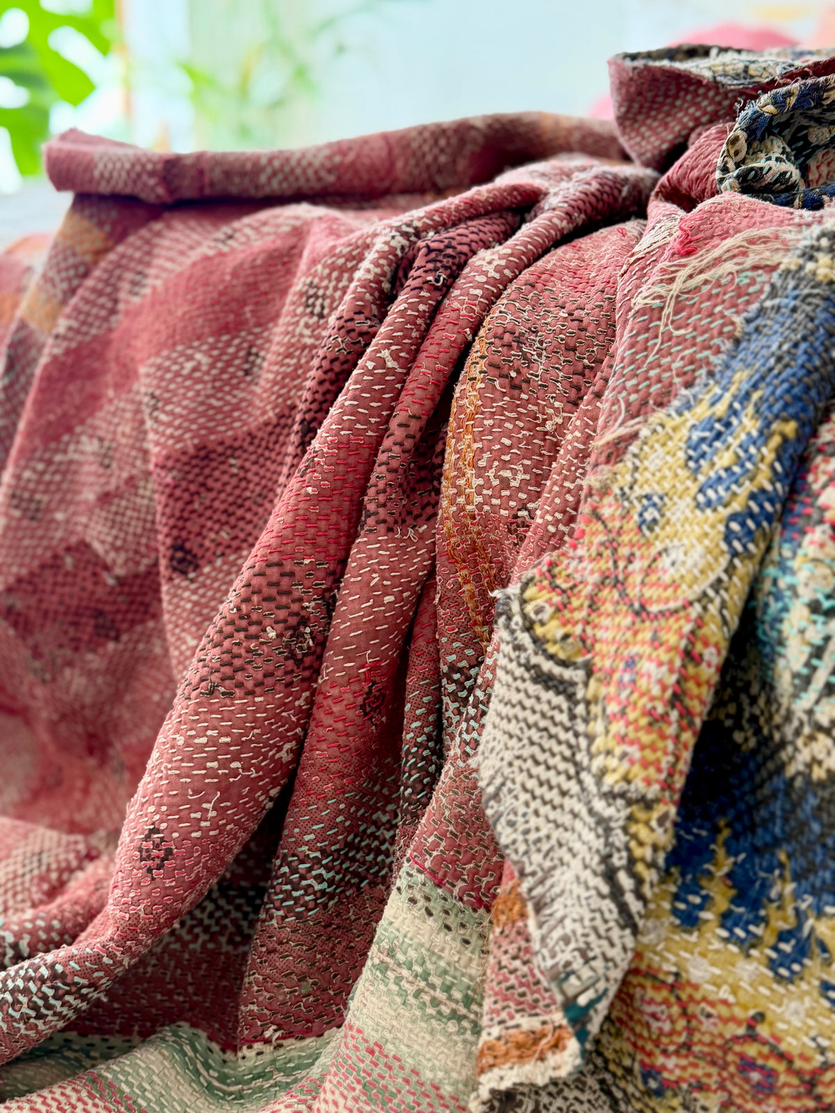 Large Textured Vintage Kantha Quilt In Pink Stripes and Moon Pattern