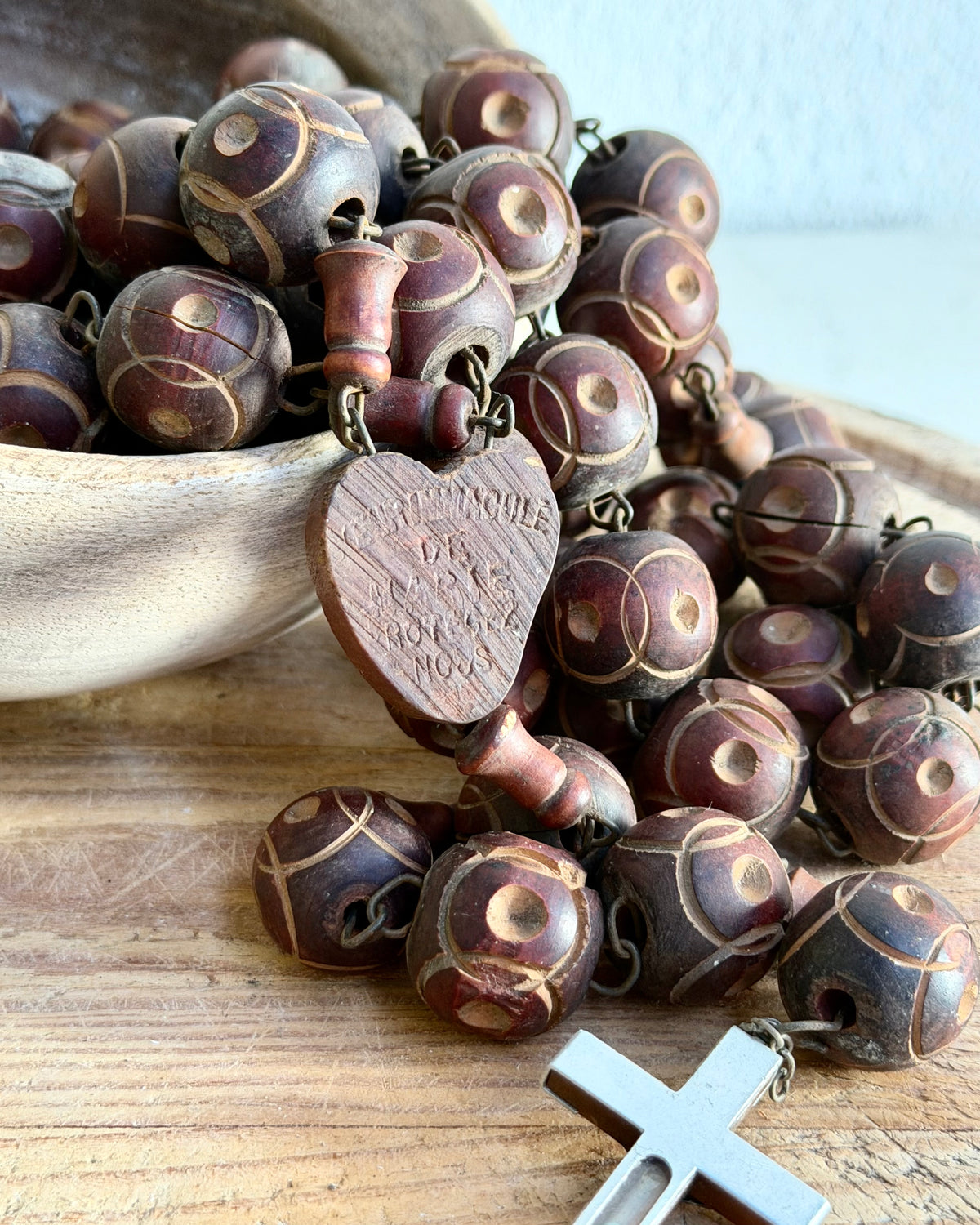 Vintage French Lourdes Rosary (Chapelet) – Wooden Pilgrimage Beads