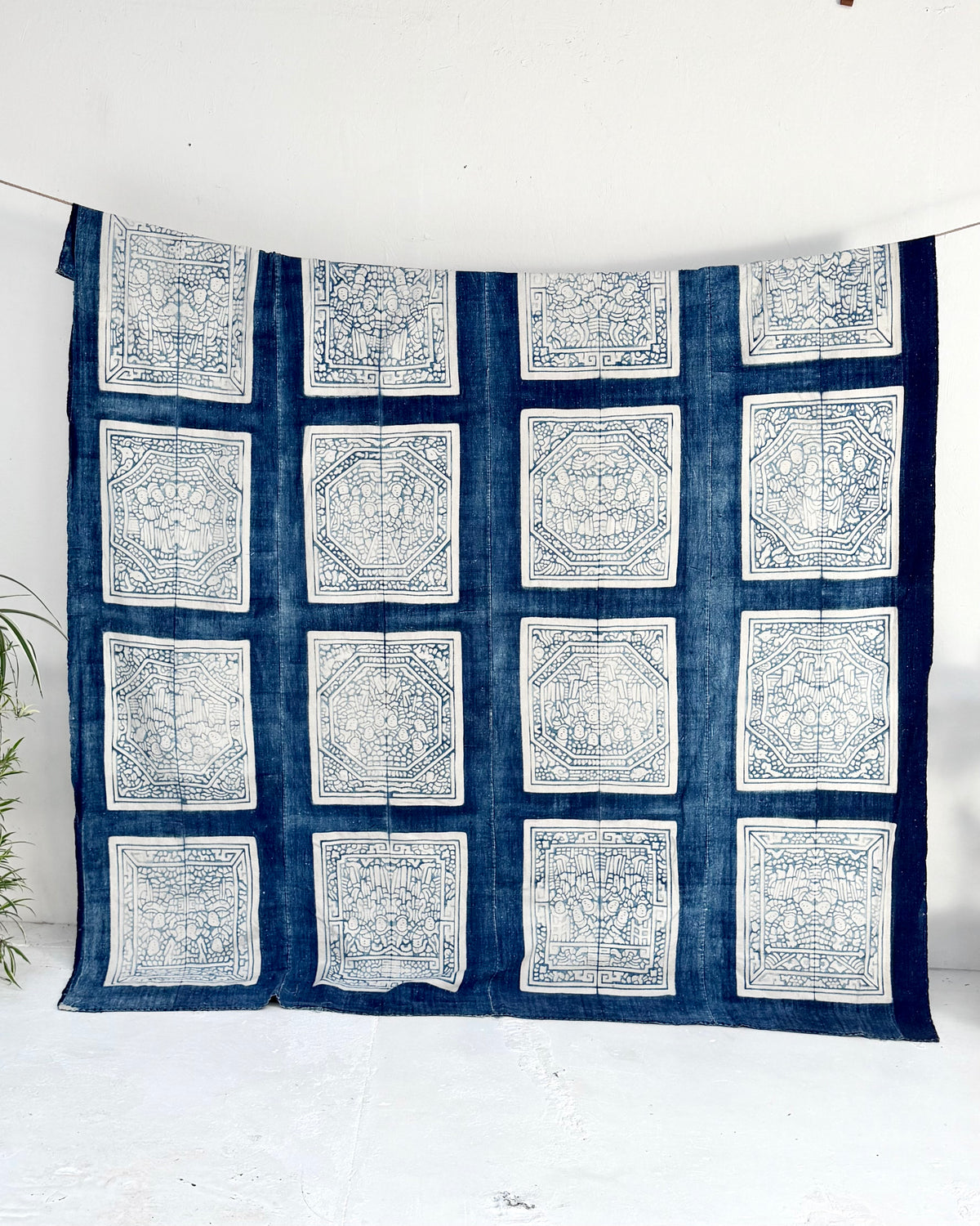 Vintage Chinese Blue Jiaxie Wedding Quilt Face – Drama Pattern