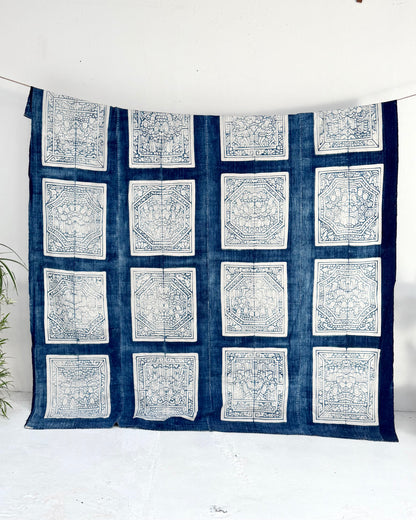 Vintage Chinese Blue Jiaxie Wedding Quilt Face – Drama Pattern