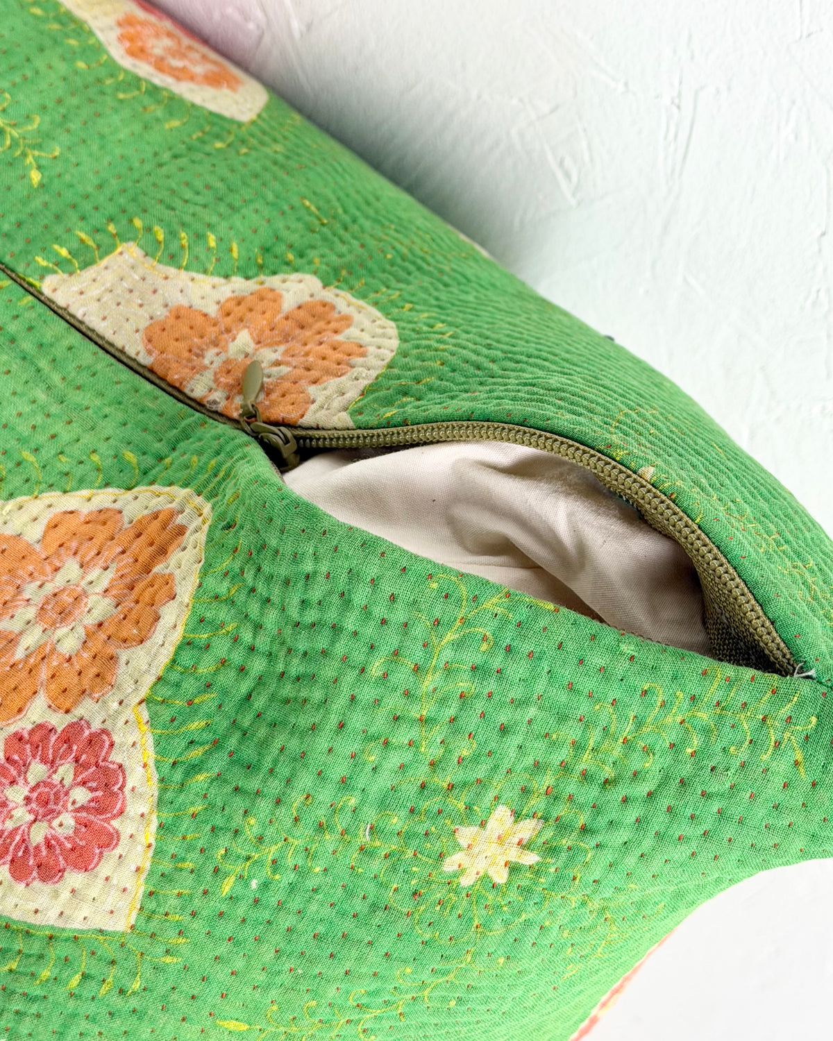 Handmade Vintage Kantha Cushion Cover In Green Floral - 45cm (18") Square