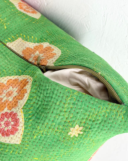 Handmade Vintage Kantha Cushion Cover In Green Floral - 45cm (18") Square