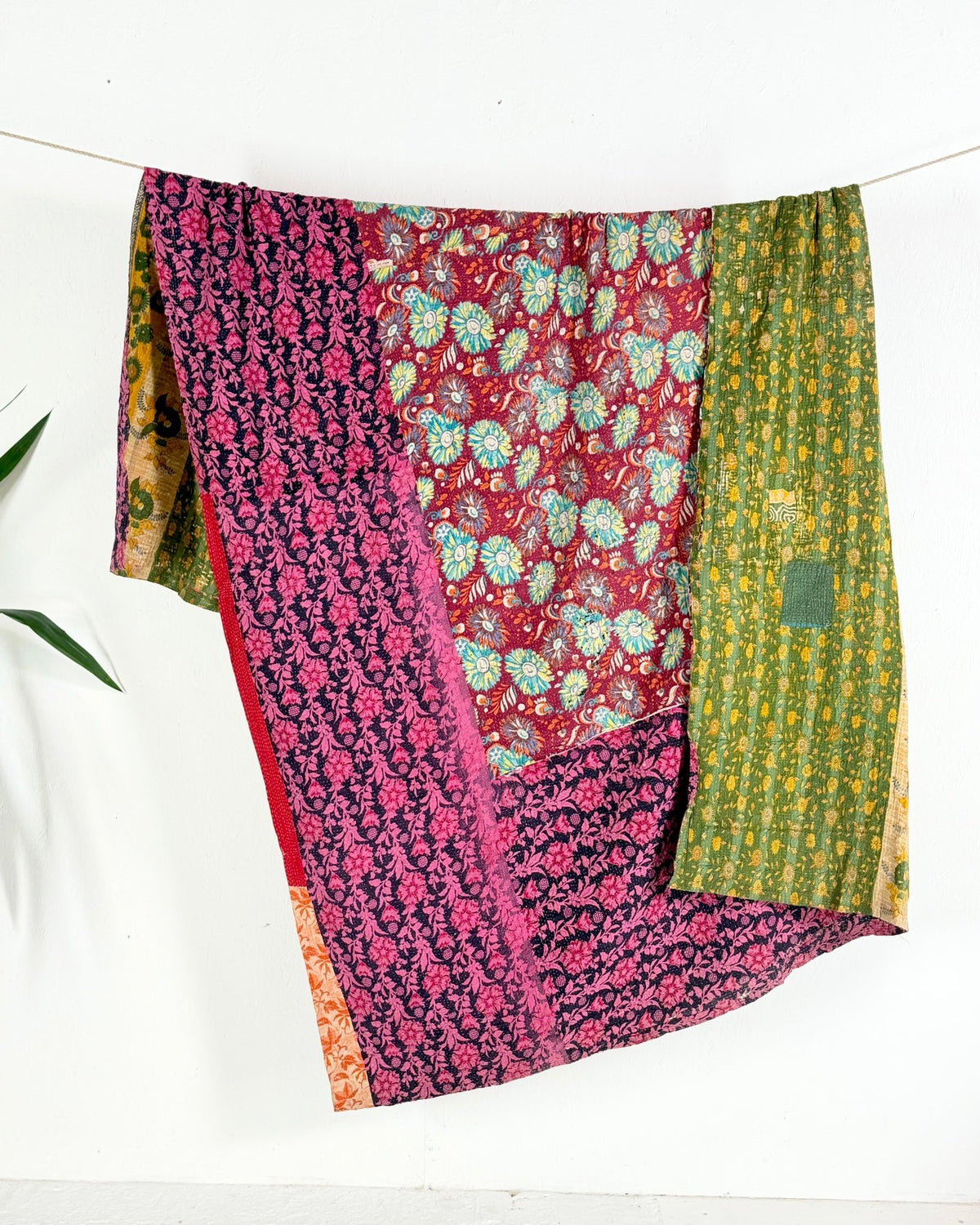 Large Fine Stitched Vintage Kantha Quilt in Bright Pink and Green - Biggs & Hill