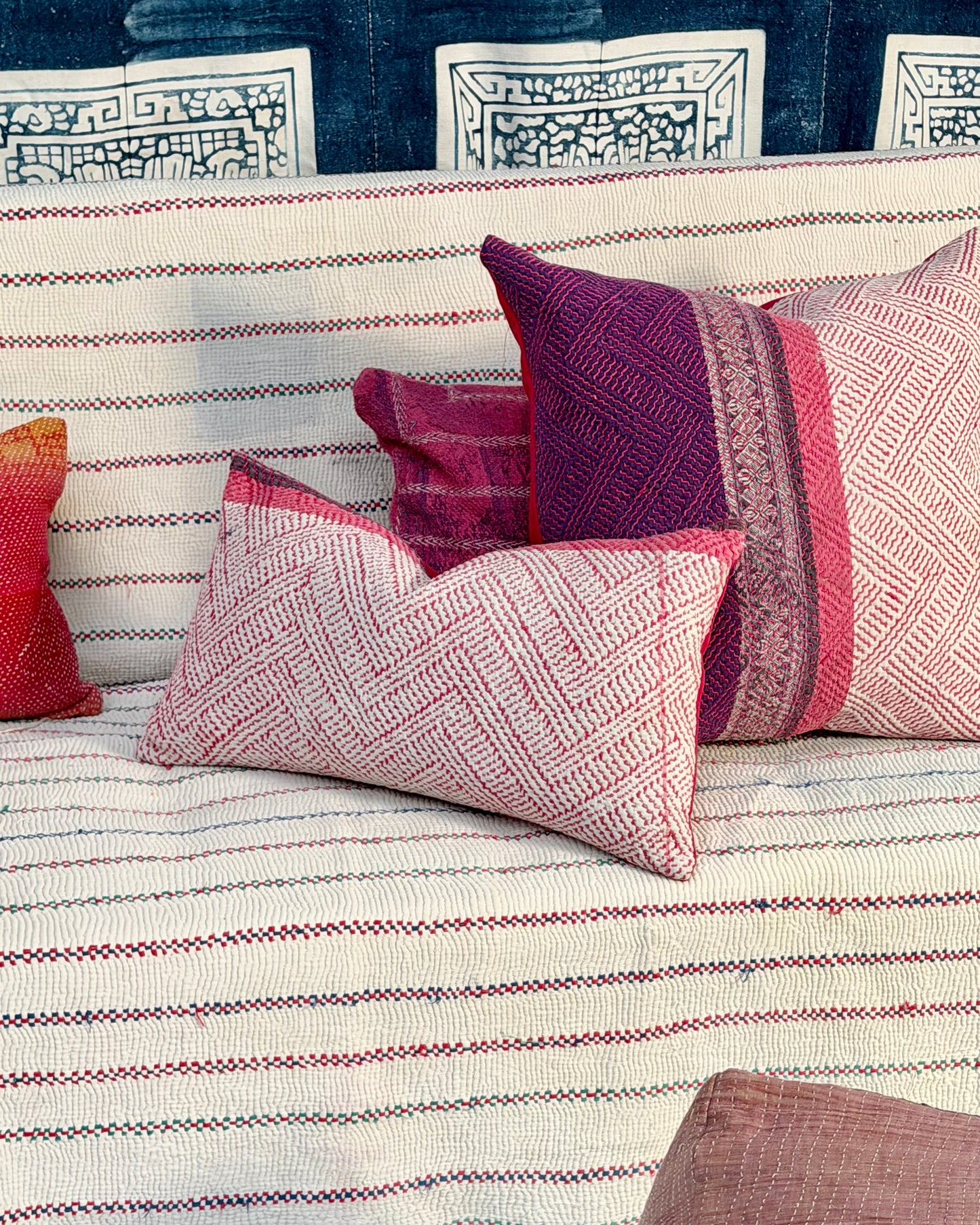 Vintage Kantha Cushion Cover In Pink and Purple - Small Rectangular
