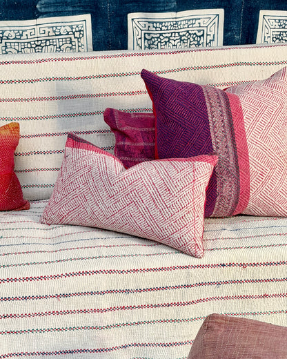 Vintage Kantha Cushion Cover In Pink and Purple - Small Rectangular