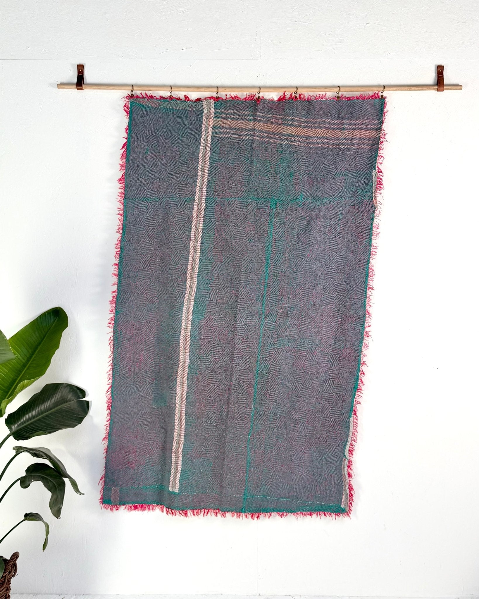 Large Heavy Kantha Blanket Quilt With Lik Phul Stitching In Forest Green and Pink - Biggs & Hill