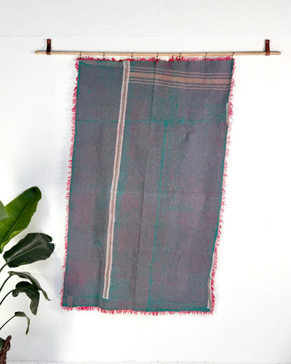 Large Heavy Kantha Blanket Quilt With Lik Phul Stitching In Forest Green and Pink - Biggs & Hill