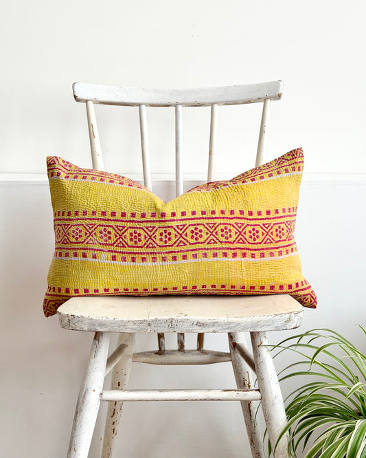 Vintage Kantha Cushion In Lime Green and Pink - Small Rectangular