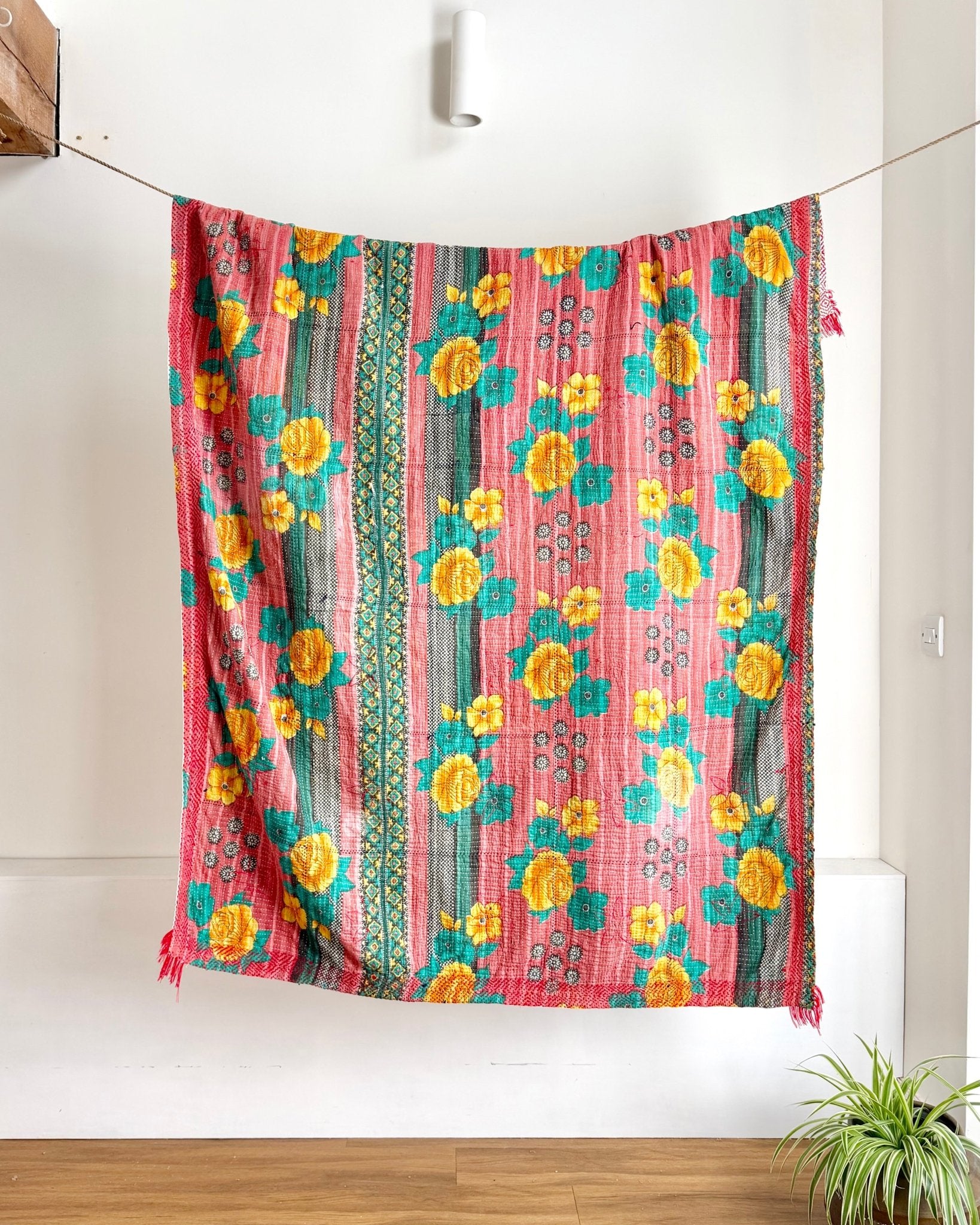 Large Embroidered Vintage Kantha Quilt in White With Red Flower Pattern - Biggs & Hill