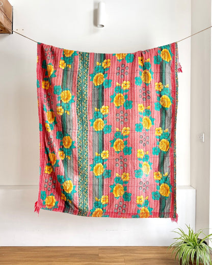 Large Embroidered Vintage Kantha Quilt in White With Red Flower Pattern - Biggs & Hill