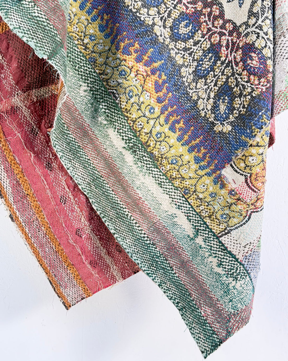 Large Textured Vintage Kantha Quilt In Pink Stripes and Moon Pattern - BED PICTURES - Biggs & Hill