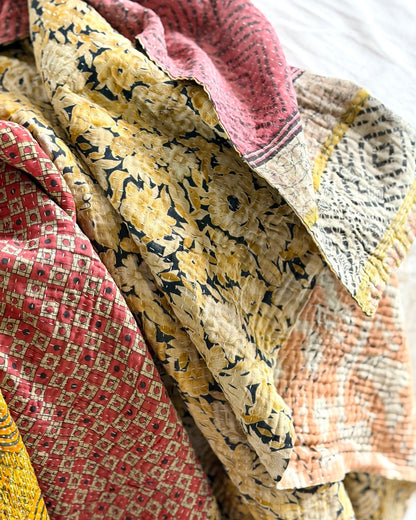 Fine Stitched Vintage Kantha Quilt in Peachy Pink and Mustard - Biggs & Hill
