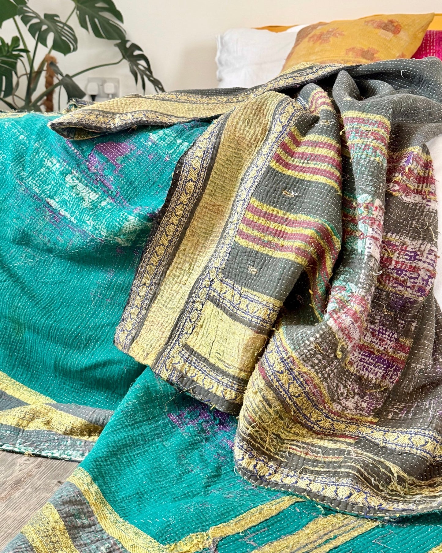 Fine Stitched Embroidered Vintage Kantha Quilt in Green and Gold - Biggs & Hill