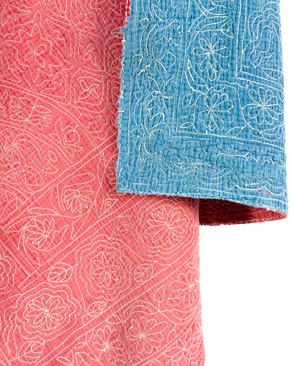 Embroidered Sujini Vintage Kantha Quilt In Faded Pink With Bengali Writing