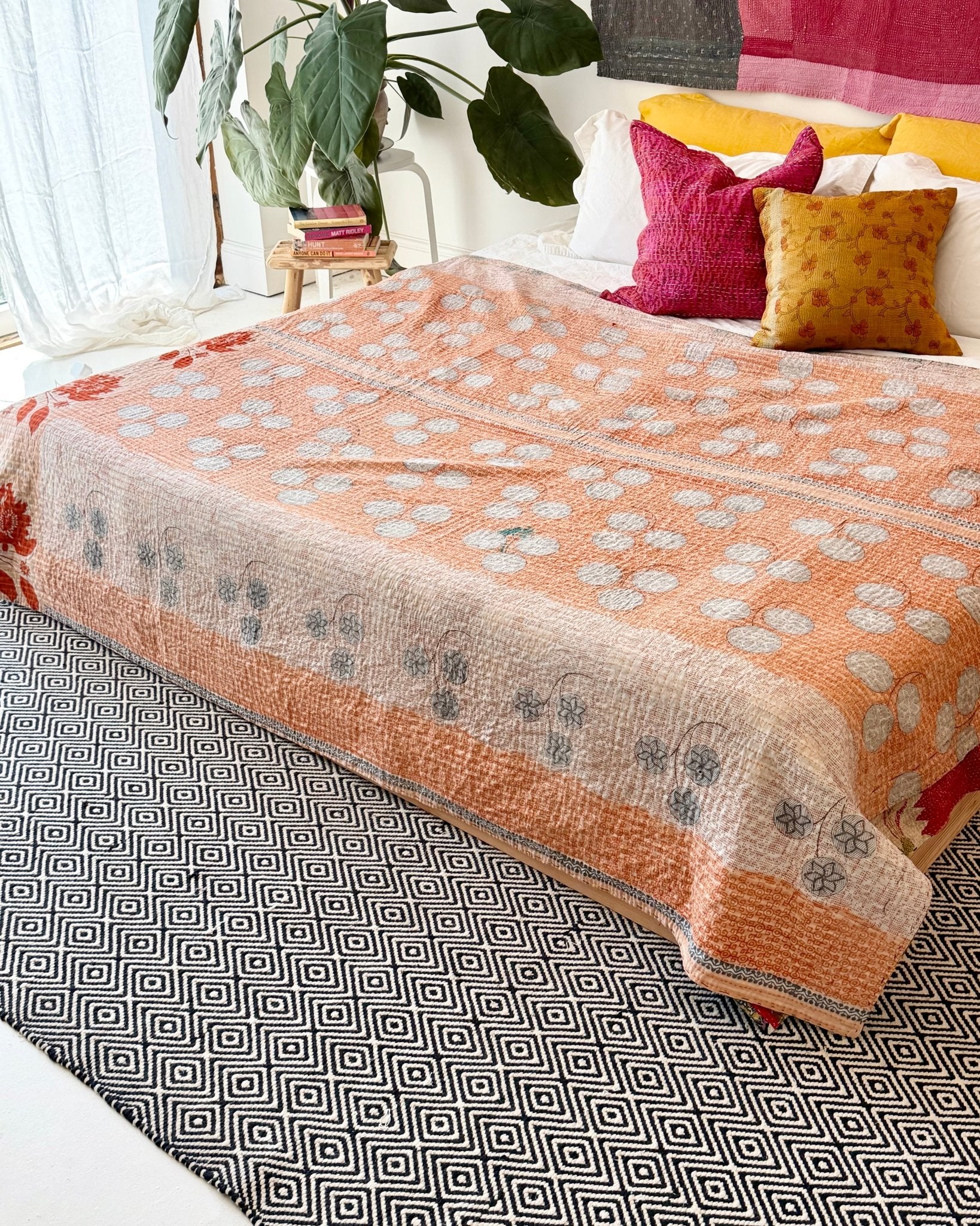 Large Fine Stitched Vintage Kantha Quilt in Bold Pink and Yellow Floral - Biggs & Hill