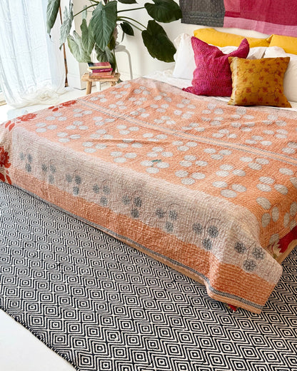 Large Fine Stitched Vintage Kantha Quilt in Bold Pink and Yellow Floral - Biggs & Hill