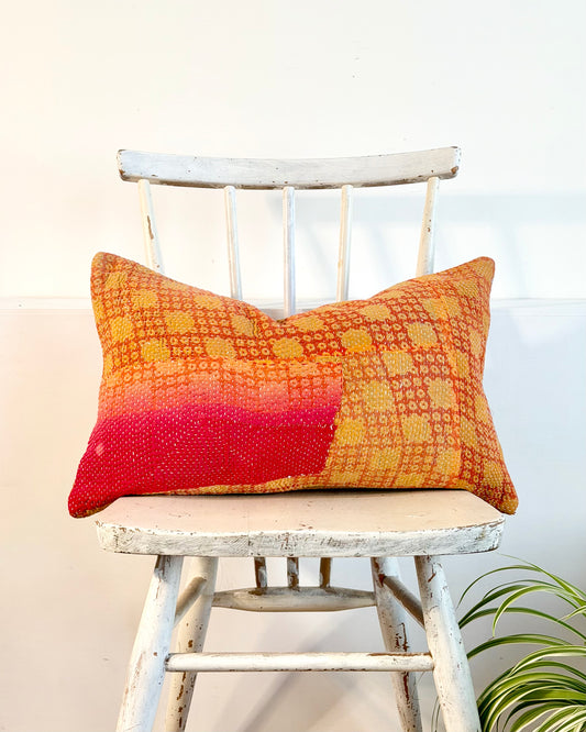 Vintage Kantha Cushion In Pink and Yellow - Small Rectangular