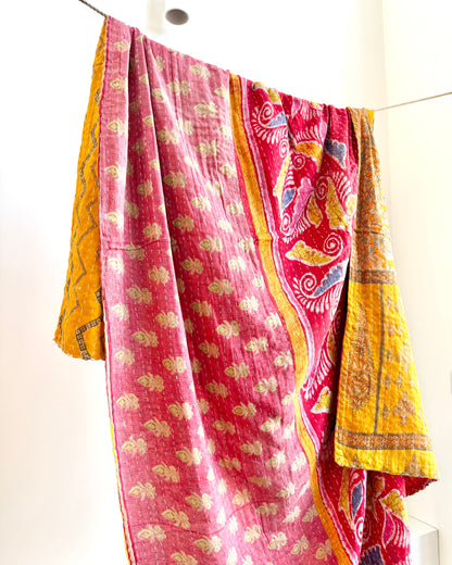 Vintage Cotton Kantha Quilt In Yellow and Red #43