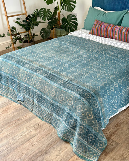 Large Heavy Indigo Print Kantha Quilt