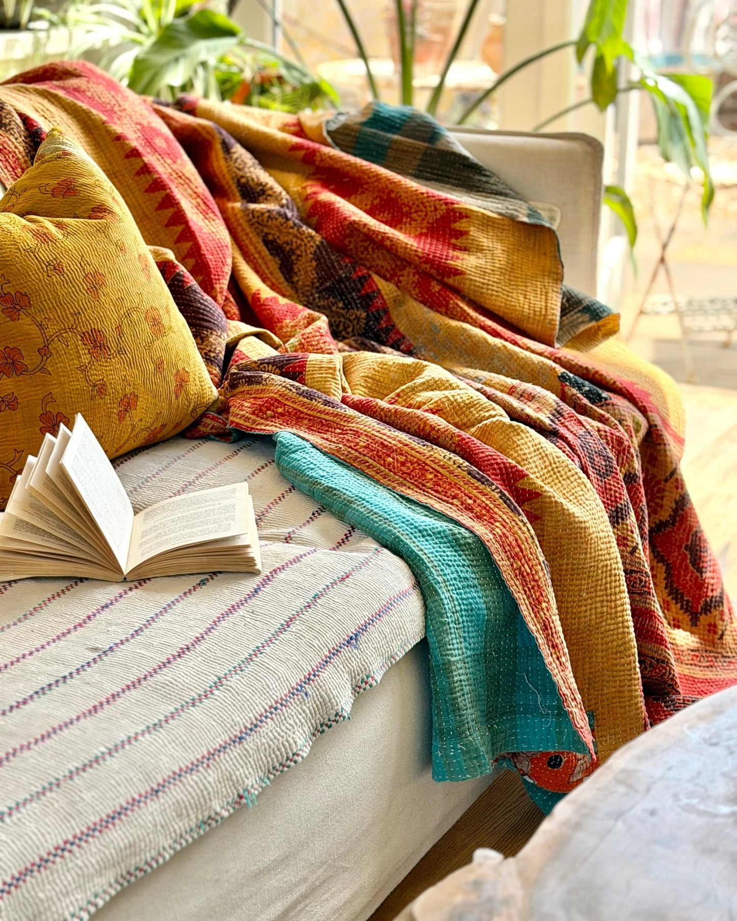 Extra Large Textured Vintage Kantha Quilt In Geometric Yellow, Black and Orange - Biggs & Hill
