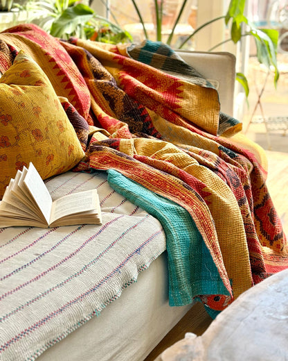 Extra Large Textured Vintage Kantha Quilt In Geometric Yellow, Black and Orange - Biggs & Hill