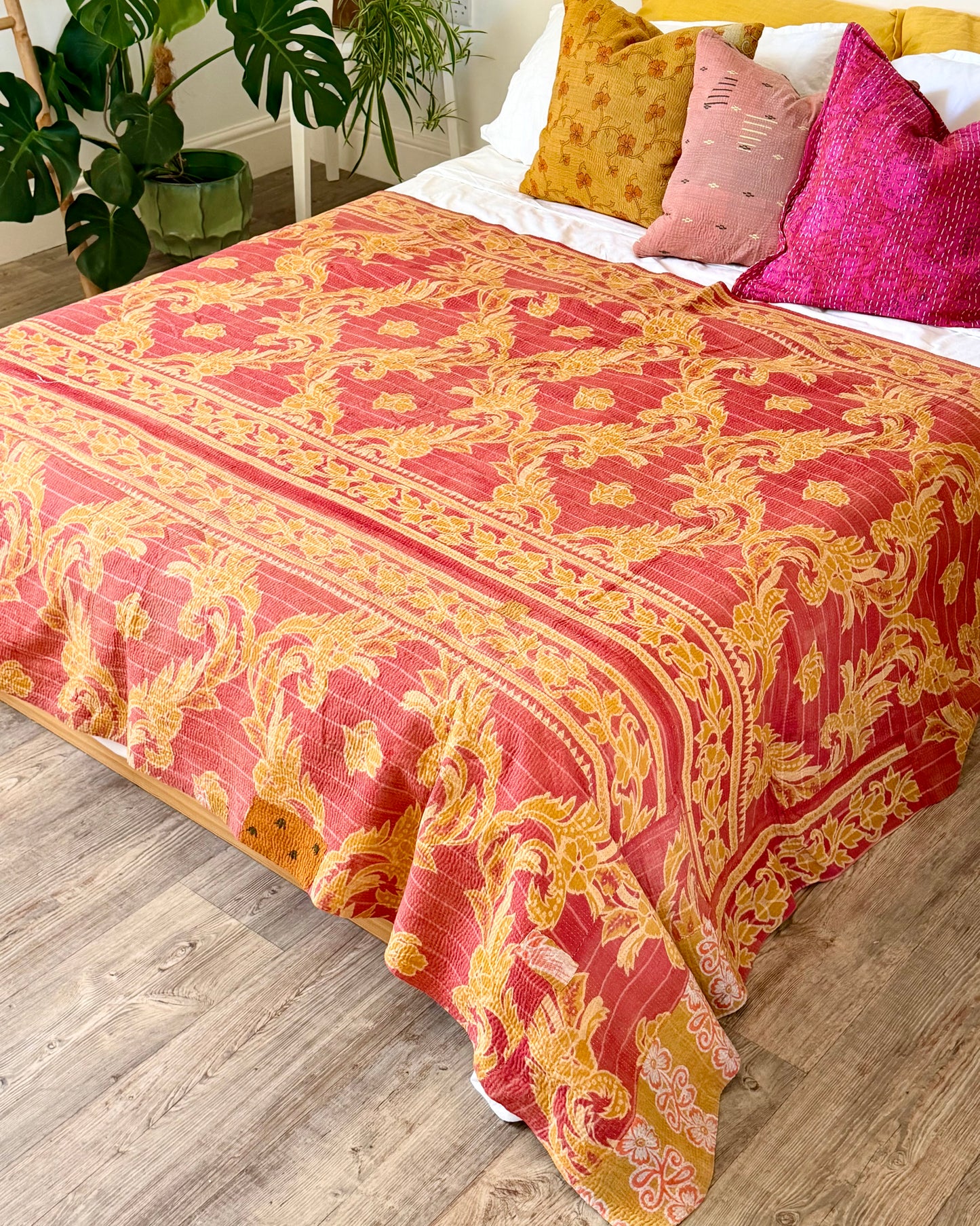 Large Fine Stitched Vintage Kantha Quilt in Mustard and Pink