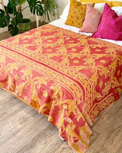 Large Fine Stitched Vintage Kantha Quilt in Mustard and Pink