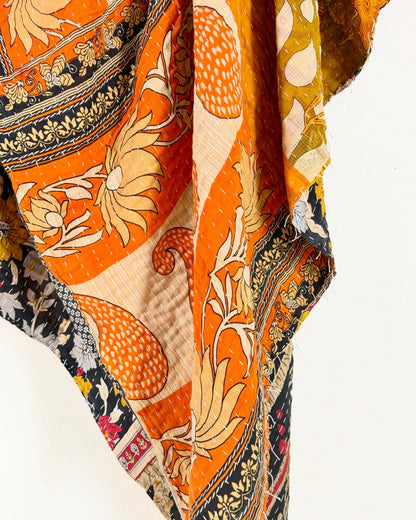 Vintage Cotton Kantha Quilt In Orange and Black Floral 14 - Biggs & Hill