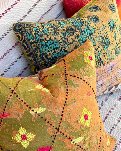 Vintage Kantha Cushion Cover In Textured Orange and Green - 50cm Square