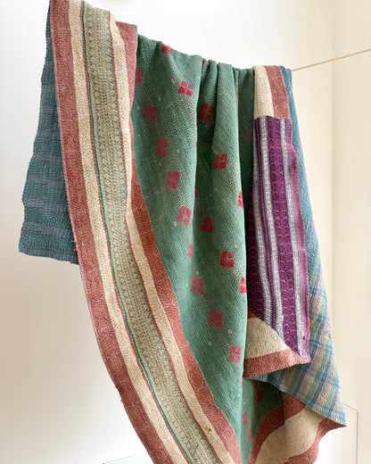 Fine Stitched Thick Vintage Kantha Quilt in Green With Red Embroidery